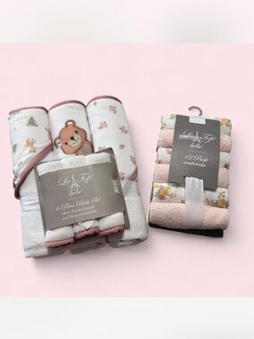 Le Top Baby Pink Floral & Bear Hooded Towel Set with Matching Washcloths